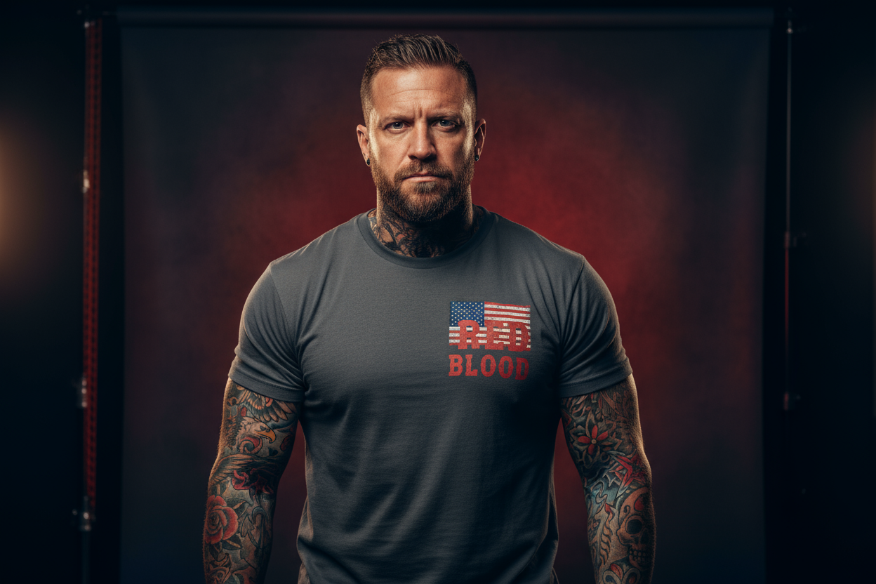 a tatted man cinematic photo wearing a t shirt that says red blood with an american flag in the upper left chest